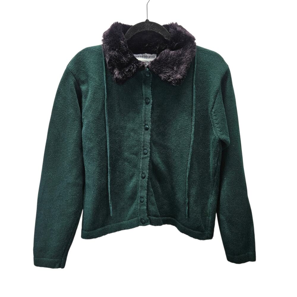 Vtg Marisa Christina 2001 Christmas Green Cardigan Sweater Faux Fur Collar Large